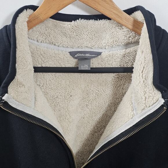 Eddie Bauer Pullover Mens 2XL Black Sherpa Fleece Lined 1/4 Zip Outdoor Warm - Picture 2 of 5